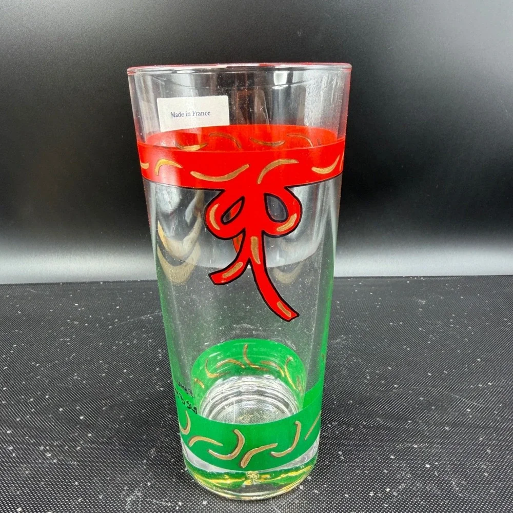 Villeroy & Boch Christmas Highball Glasses Set‎ 4 Red Ribbon Green France NEW